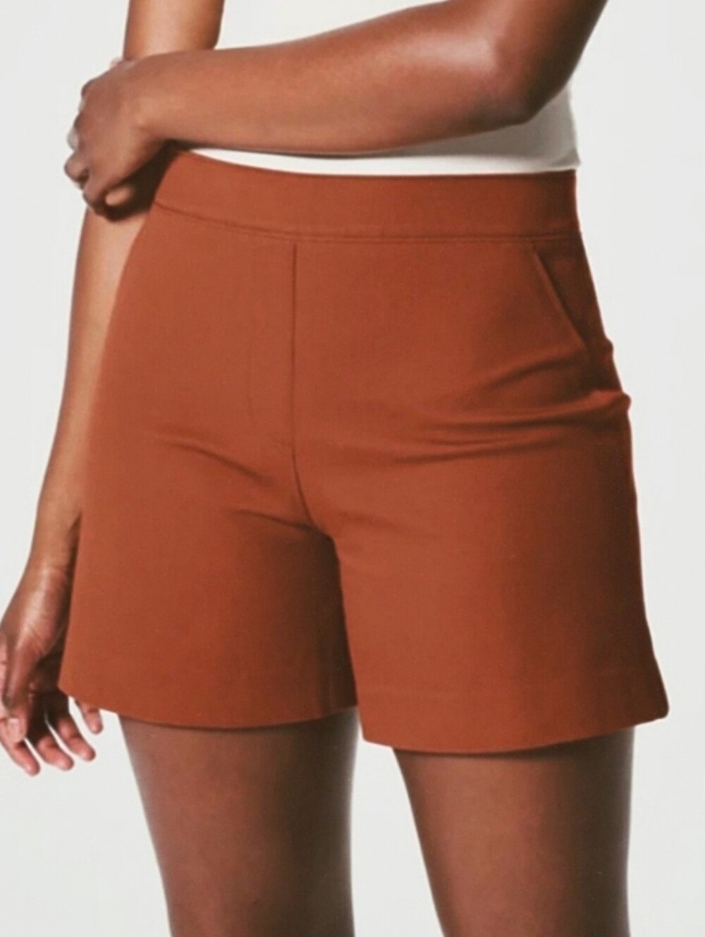 SPANX ON THE GO BRONZE GLOW RUST BROWN HIGH RISE FLAT FRONT 4" SHORTS LARGE
